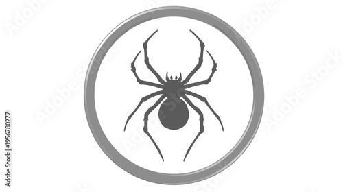 Silhouetted spider within a circular border. The image is in grayscale on a white background