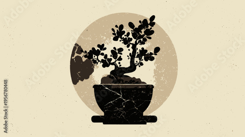 A silhouette of a bonsai tree in a pot, set against a circular backdrop. The background is textured