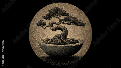 A detailed illustration of a bonsai tree in a ceramic pot set against a textured, circular background