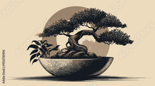 A digitally rendered image of a bonsai tree in a pot, with side plants and a gradient background