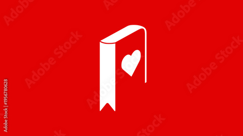 A white book with a heart and a bookmark is on a red background