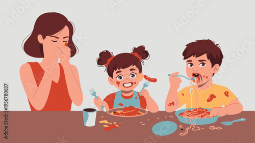 Messy children eating spaghetti and sausages with disgusted mother
