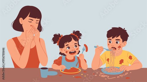 Messy children eating spaghetti mother reacts with dismay