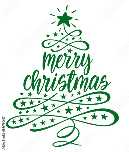 Merry Christmas typography shaped as Christmas tree, festive holiday lettering