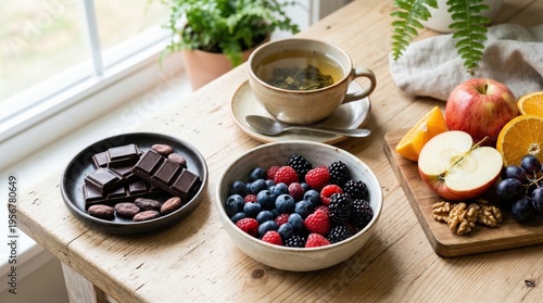 Fresh fruit and chocolate on wooden table by window