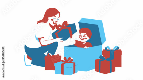 Mom son opening birthday presents