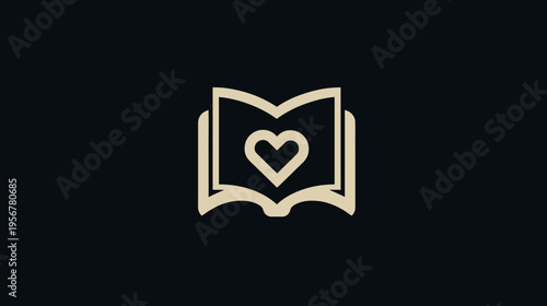 A simple, elegant logo featuring a stylized open book with a heart shape inside on a dark background
