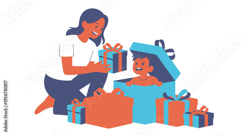 Mother child unboxing birthday presents