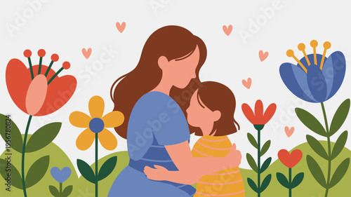 Mother daughter hugging colorful blooming flowers