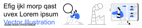 Education, technology, communication, environmental issues, virtual meeting, research. A figure with a magnifier, factory pollution and e-learning on a screen. Education and technology focus