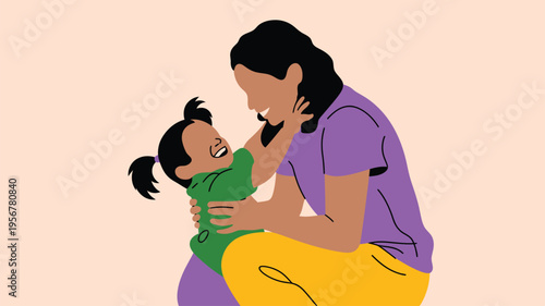 Mother daughter hugging playing illustration