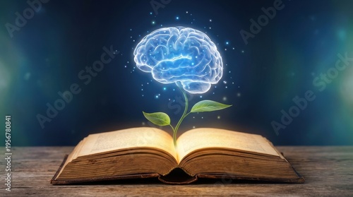 Naklejka Brain grows from open book symbolizing knowledge learning intelligence and education concept