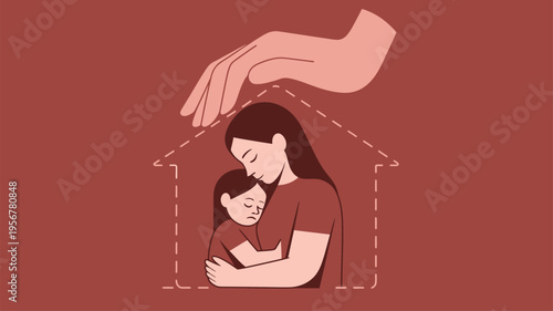 Mother embracing child protected by hand illustration