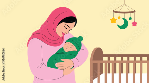 Mother embracing newborn baby in nursery scene