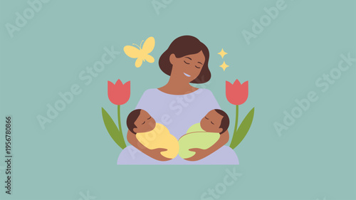 Mother embracing newborn twin babies, family