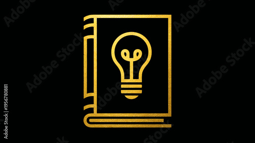 A gold-colored outline of an open book with an illuminated lightbulb on its cover, black background