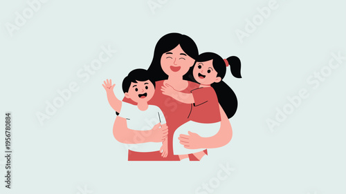 Mother embracing son daughter happy family illustration