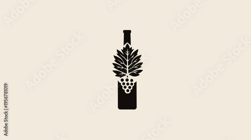 A silhouette of a wine bottle featuring a leaf and grapes icon