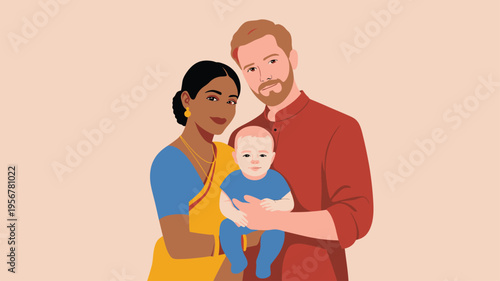 Multi ethnic family parents baby portrait flat style