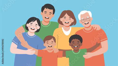 Multigenerational family embracing diverse people illustration