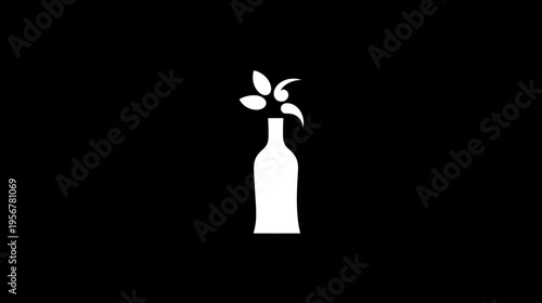 A stark, minimalist illustration of a bottle with floral elements emerging from its opening