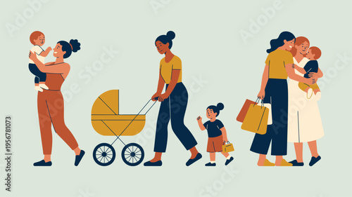 Mothers children daily activities flat illustration