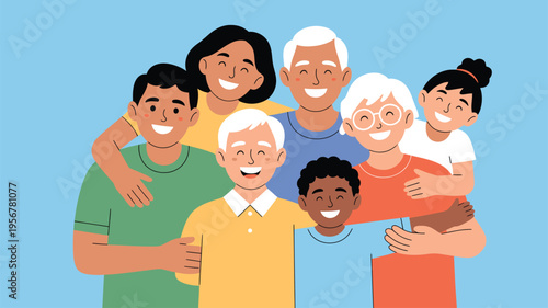 Multigenerational family portrait embracing diversity illustration