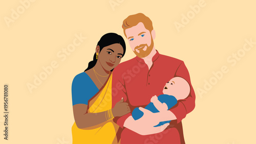 Multiracial family new baby parents embracing together