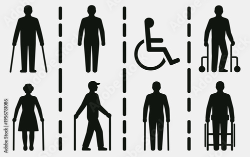 Diverse people with disabilities icons set.