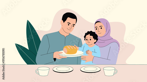 Muslim Family Breakfast Serving Bread