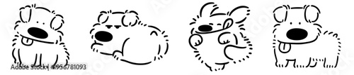fluffy cartoon puppy sitting, sleeping, jumping and smiling, hand drawn