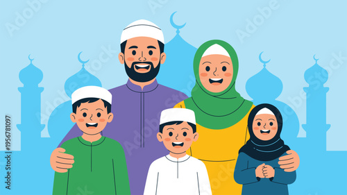 Muslim family celebrating religious holiday with mosque