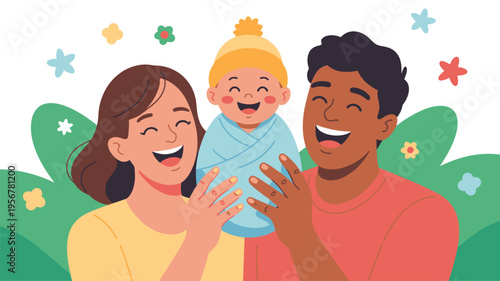 New parents embracing swaddled baby