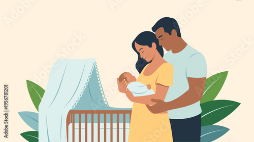 New parents holding newborn baby flat illustration