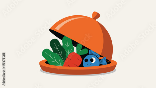 Open cloche fresh vegetables fish cartoon