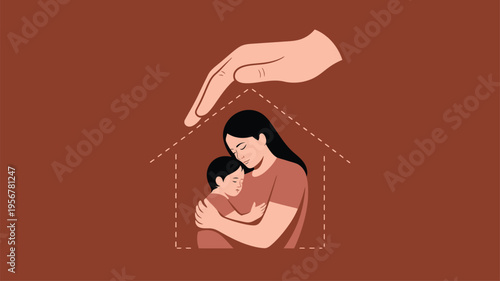 Parent embracing child protected by hand illustration