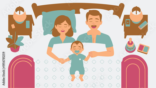 Parents and baby sleeping together in bed