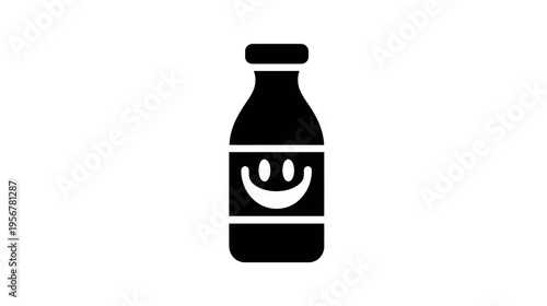 A simple, black-filled illustration of a bottle with a smiling face emblem