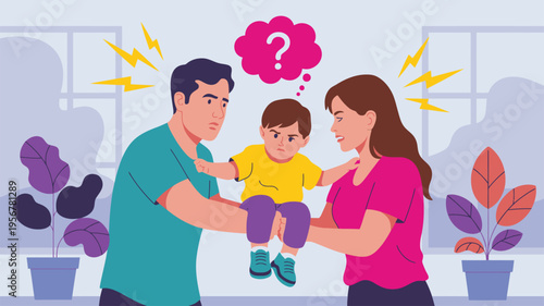 Parents arguing, angry child caught in conflict