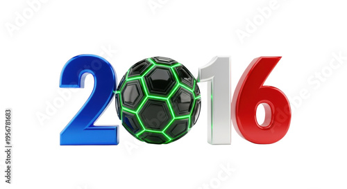 Highly reflective blue, white, and red chrome '2016' numerals with a futuristic neon green glowing soccer ball replacing the zero, isolated on a transparent cyclorama. Conceptual sports branding