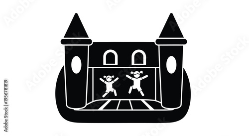 Black and white vector graphic illustration of children happily jumping inside a bouncy castle structure