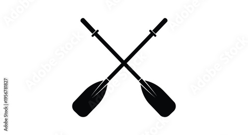 Simple black and white vector graphic illustration featuring two crossed oars representing water sports or rowing activity.