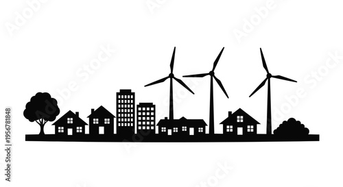 Silhouette vector graphic illustration depicting a modern cityscape integrated with clean renewable wind energy technology