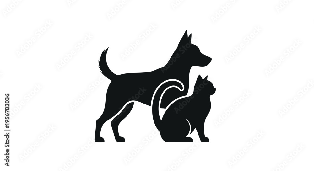 Obraz premium Simple black silhouette vector graphic illustration design featuring a standing dog beside a sitting cat