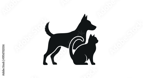 Simple black silhouette vector graphic illustration design featuring a standing dog beside a sitting cat