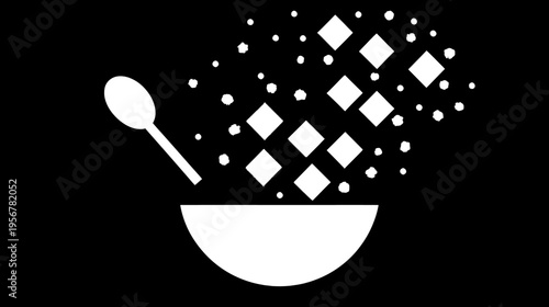 Black and white illustration of a spoon, bowl, and food pouring out