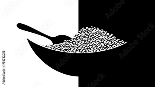 A black and white graphic depicting a bowl of grains with a spoon on the left side