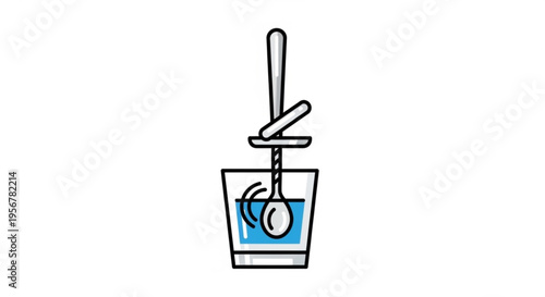 Whisk in a glass of blue liquid with a spoon kitchen utensils for mixing and blending ingredients