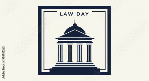 Law day logo with courthouse illustration and text in a square frame on beige background