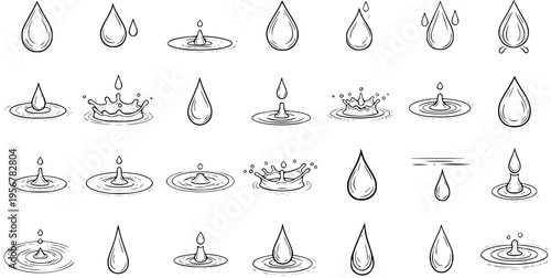 Hand drawn water drop and splash icons set. Outline doodle style liquid elements, falling drops, ripples, and crown splashes collection. Vector illustration.